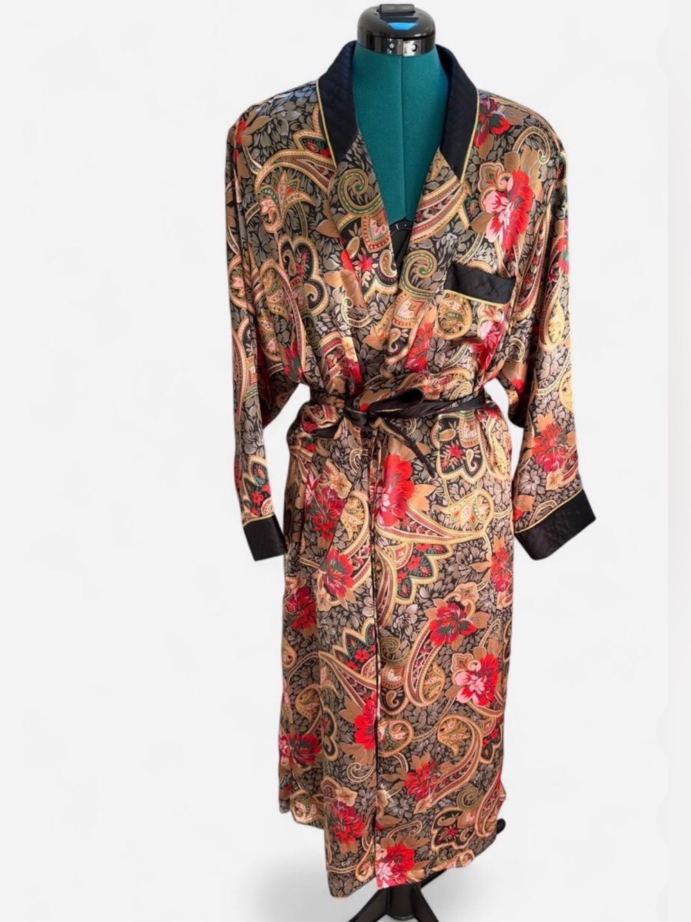 Lauren Alexandra intimate Silk-Feel Floral Paisley Wrap Robe - Red & Gold